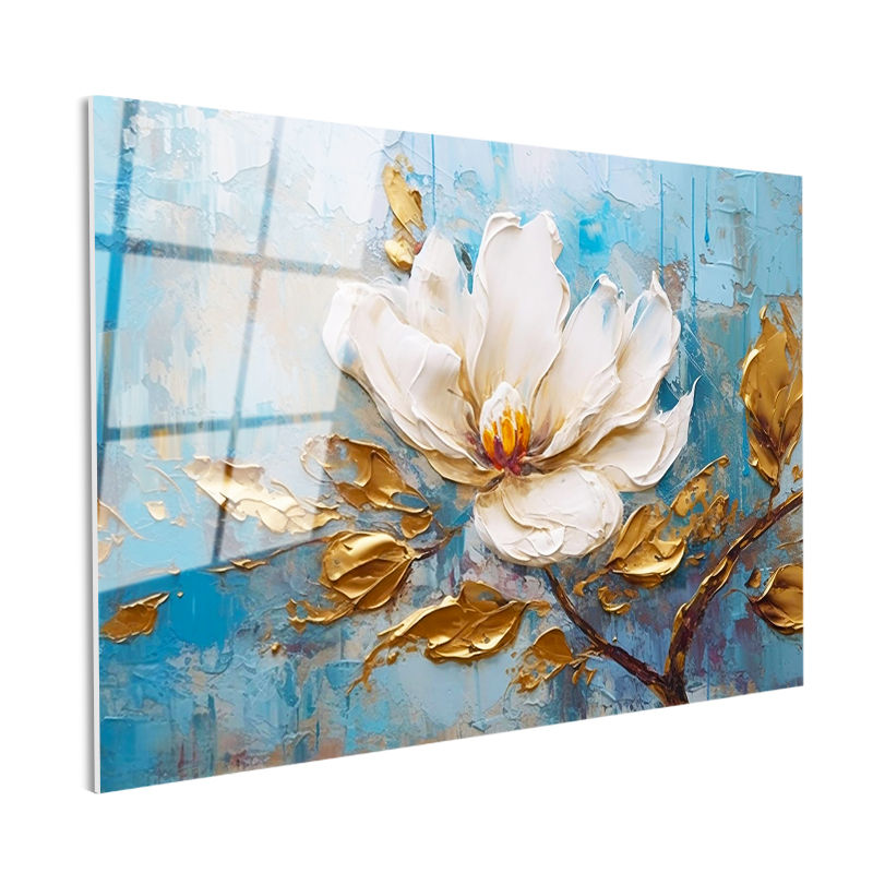 Tamperli Gerçek Cam Tablo Yağlı Boya Görünümlü Beyaz Manolya Çiçek Tablosu Duvar Dekoru