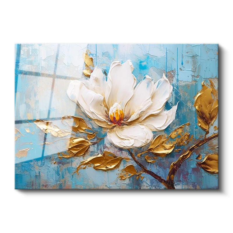 Tamperli Gerçek Cam Tablo Yağlı Boya Görünümlü Beyaz Manolya Çiçek Tablosu Duvar Dekoru