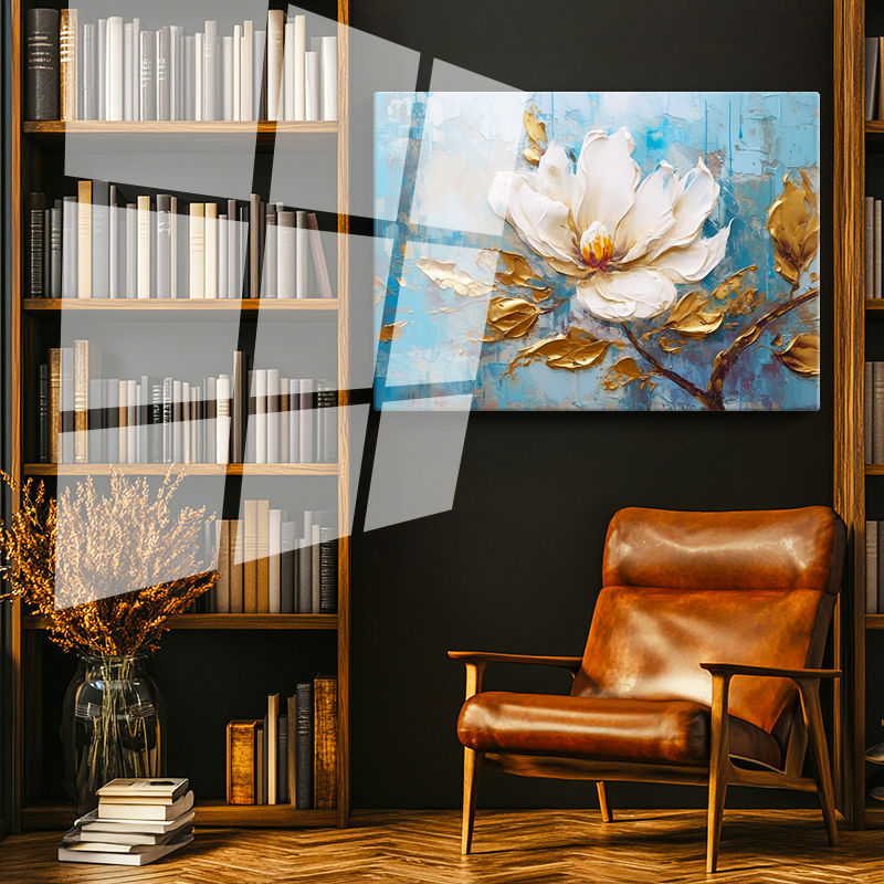 Tamperli Gerçek Cam Tablo Yağlı Boya Görünümlü Beyaz Manolya Çiçek Tablosu Duvar Dekoru