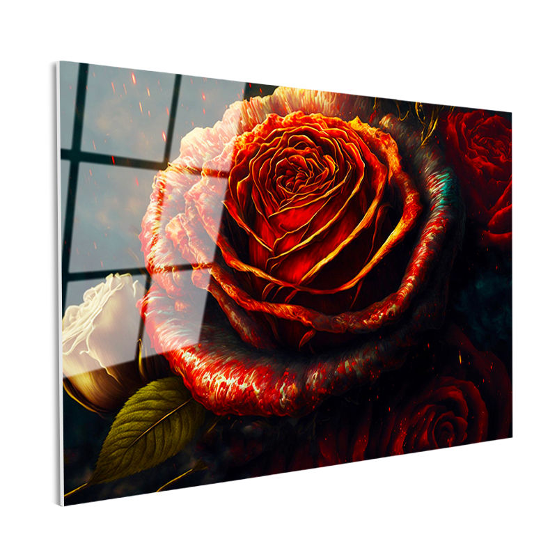 Tamperli Gerçek Cam Tablo Alev Görünümlü Kırmızı Gül Çiçek Tablosu Duvar Dekoru