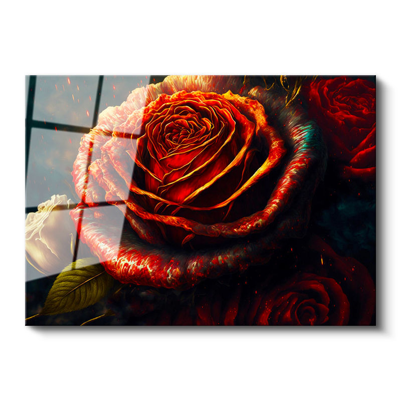 Tamperli Gerçek Cam Tablo Alev Görünümlü Kırmızı Gül Çiçek Tablosu Duvar Dekoru