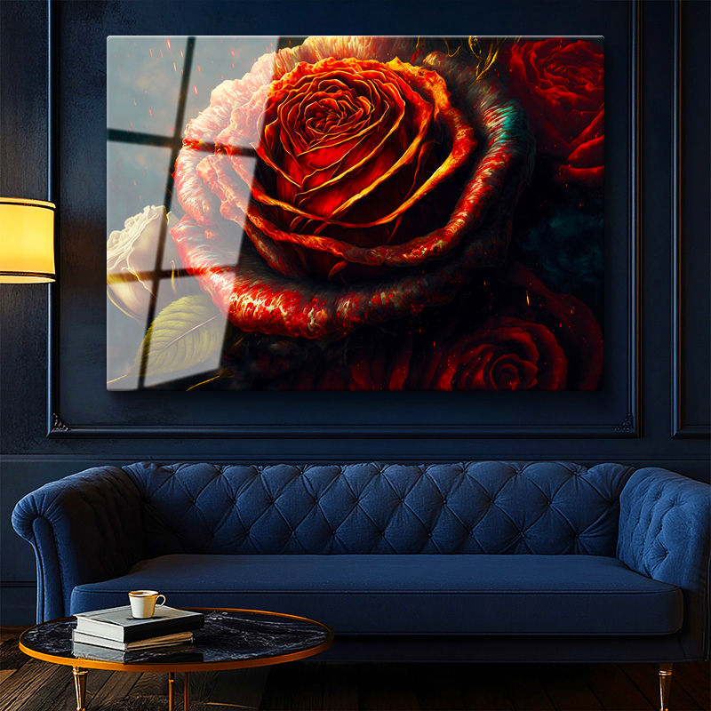 Tamperli Gerçek Cam Tablo Alev Görünümlü Kırmızı Gül Çiçek Tablosu Duvar Dekoru