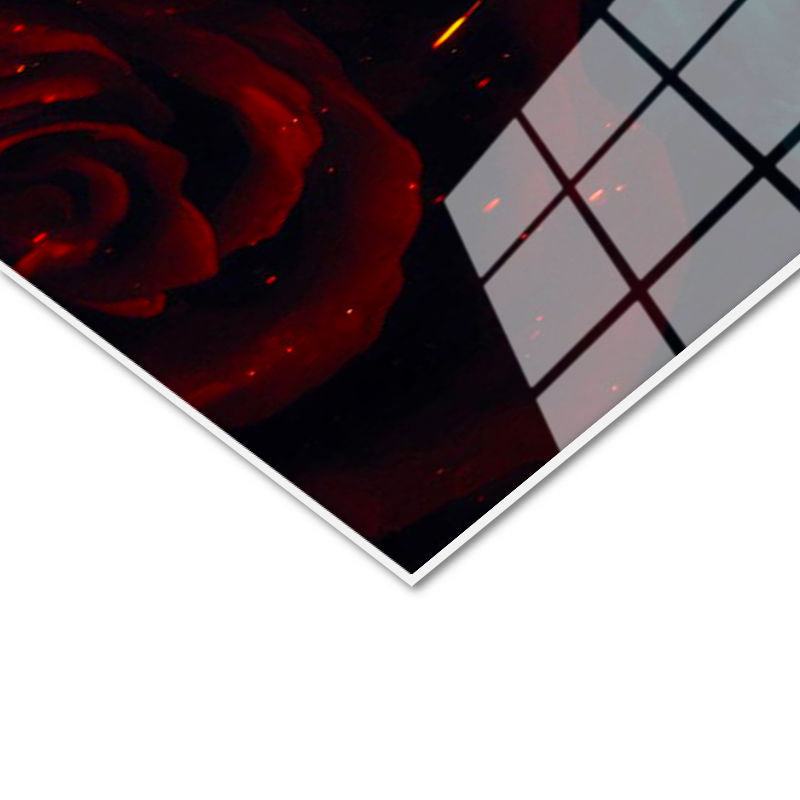 Tamperli Gerçek Cam Tablo Alev Görünümlü Kırmızı Gül Çiçek Tablosu Duvar Dekoru