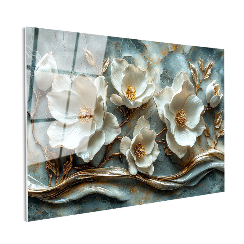 Tamperli Gerçek Cam Tablo Kabartma Görünümlü Yaldızlı Çiçek Tablosu Duvar Dekoru