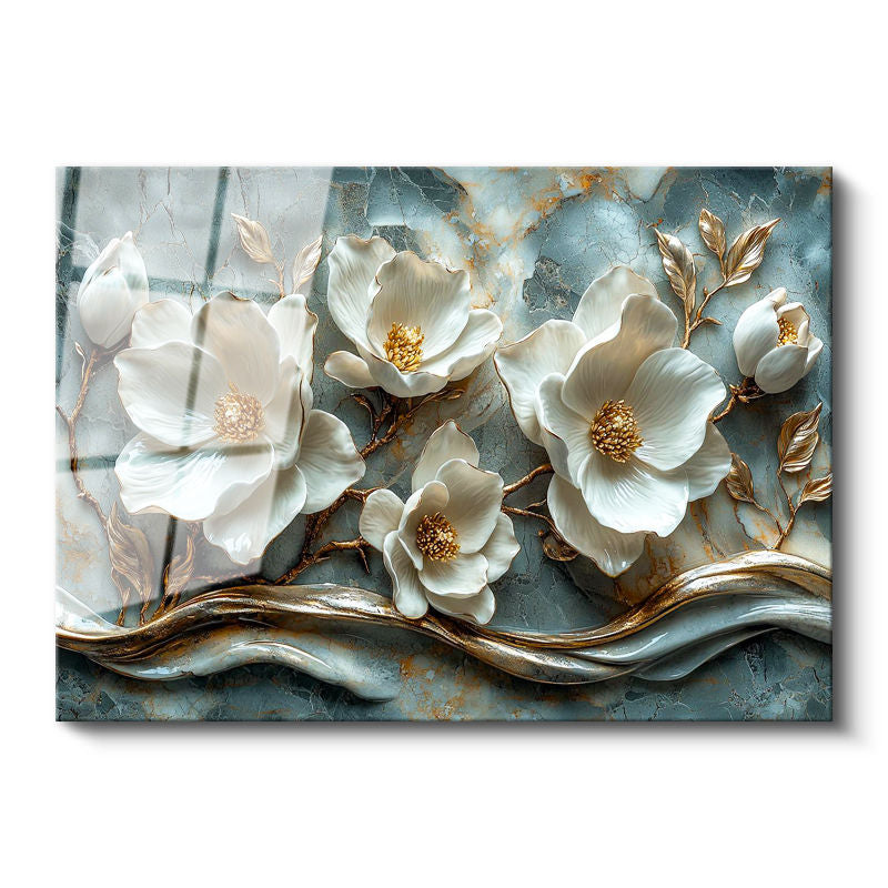 Tamperli Gerçek Cam Tablo Kabartma Görünümlü Yaldızlı Çiçek Tablosu Duvar Dekoru