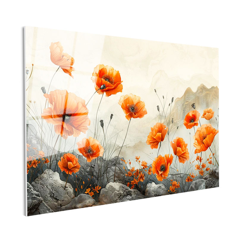 Tamperli Gerçek Cam Tablo Kayalık Zemin Gelincik Çiçek Tablosu Duvar Dekoru