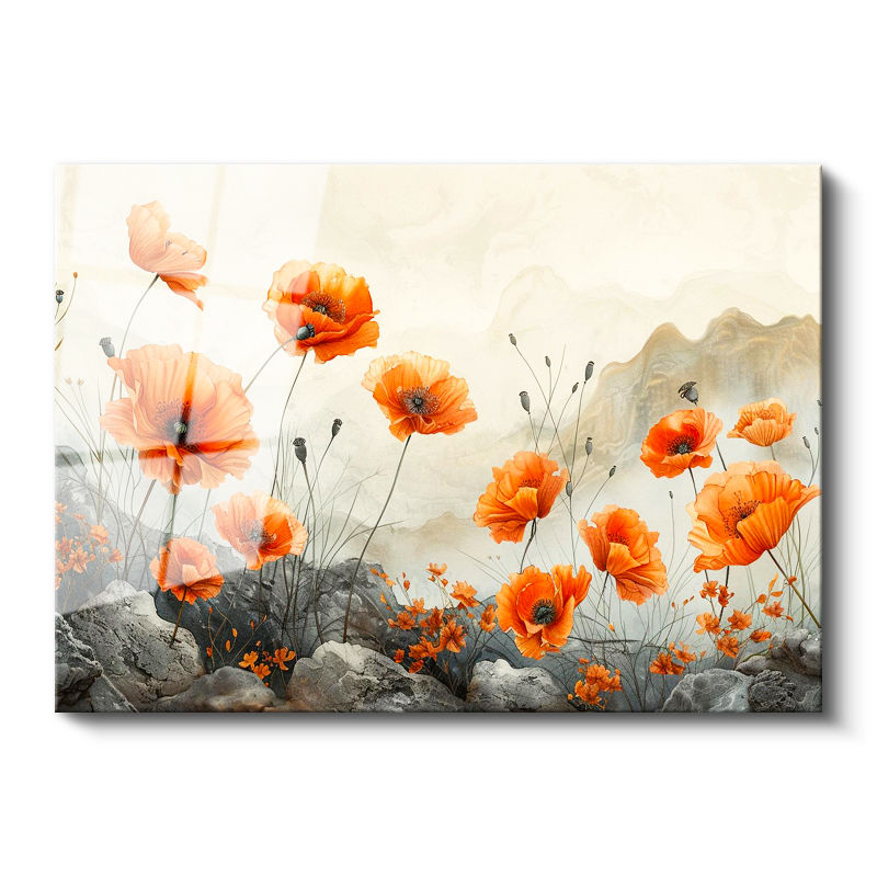 Tamperli Gerçek Cam Tablo Kayalık Zemin Gelincik Çiçek Tablosu Duvar Dekoru