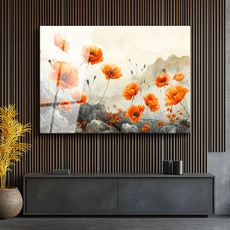 Tamperli Gerçek Cam Tablo Kayalık Zemin Gelincik Çiçek Tablosu Duvar Dekoru