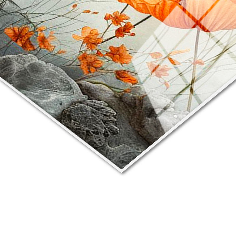 Tamperli Gerçek Cam Tablo Kayalık Zemin Gelincik Çiçek Tablosu Duvar Dekoru