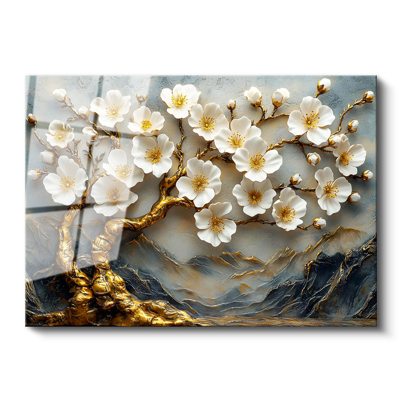 Tamperli Gerçek Cam Tablo Kabartma Görünümlü Dağ ve Ağaç Çiçek Tablosu Duvar Dekoru