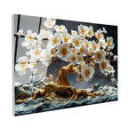 Tamperli Gerçek Cam Tablo Kayalar Üzerinde Altın Çiçekli Ağaç Çiçek Tablosu Duvar Dekoru