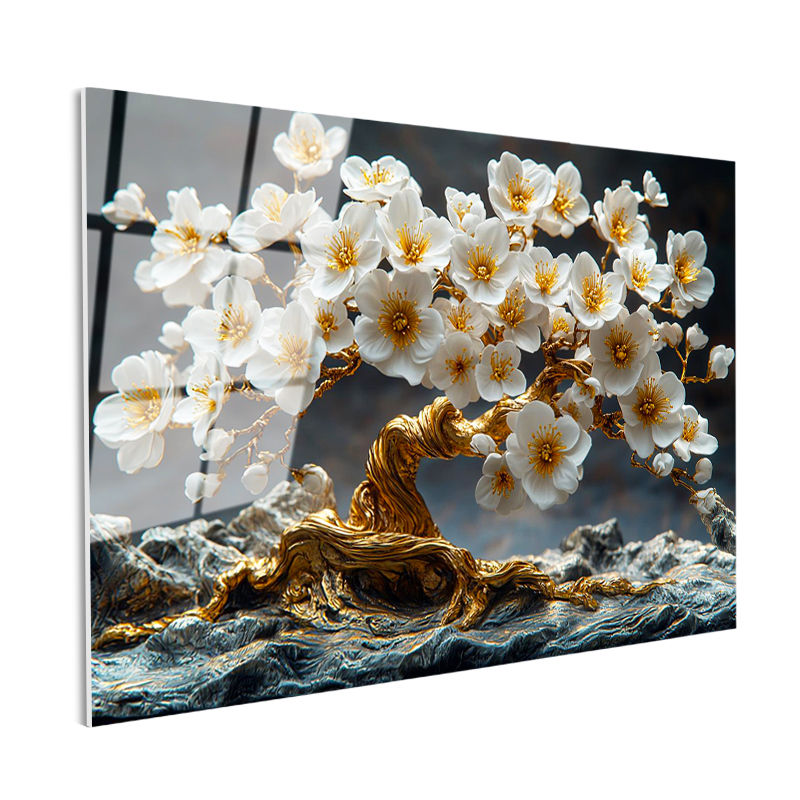 Tamperli Gerçek Cam Tablo Kayalar Üzerinde Altın Çiçekli Ağaç Çiçek Tablosu Duvar Dekoru