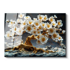 Tamperli Gerçek Cam Tablo Kayalar Üzerinde Altın Çiçekli Ağaç Çiçek Tablosu Duvar Dekoru