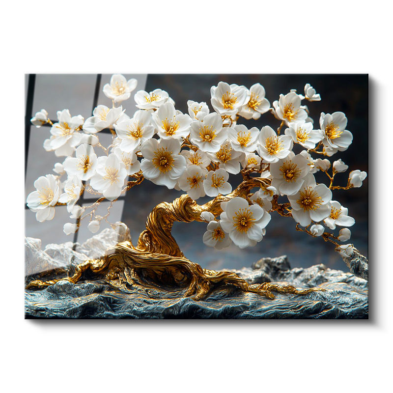 Tamperli Gerçek Cam Tablo Kayalar Üzerinde Altın Çiçekli Ağaç Çiçek Tablosu Duvar Dekoru