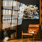 Tamperli Gerçek Cam Tablo Kayalar Üzerinde Altın Çiçekli Ağaç Çiçek Tablosu Duvar Dekoru