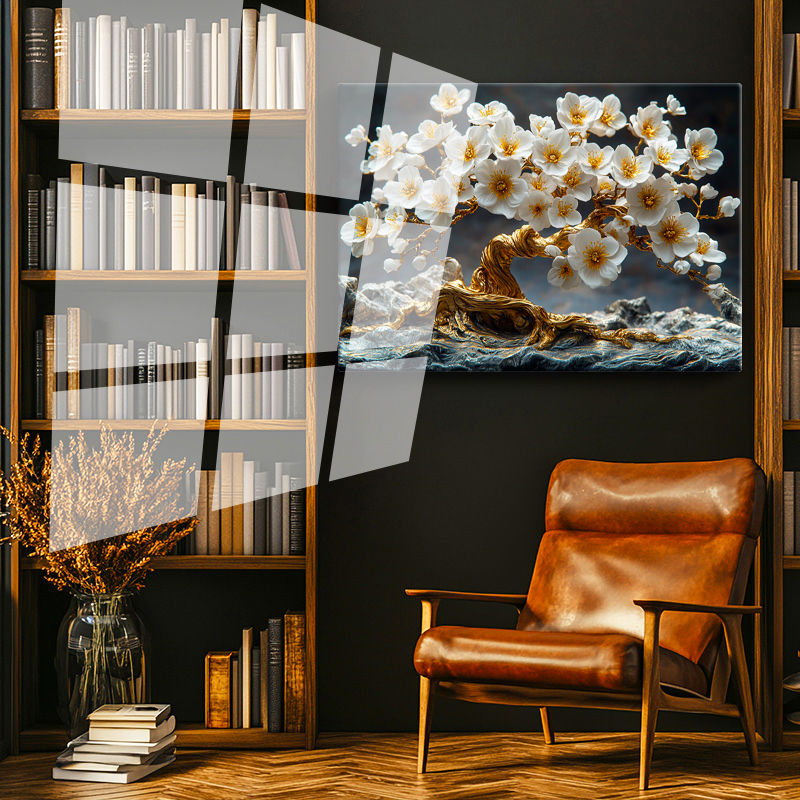 Tamperli Gerçek Cam Tablo Kayalar Üzerinde Altın Çiçekli Ağaç Çiçek Tablosu Duvar Dekoru