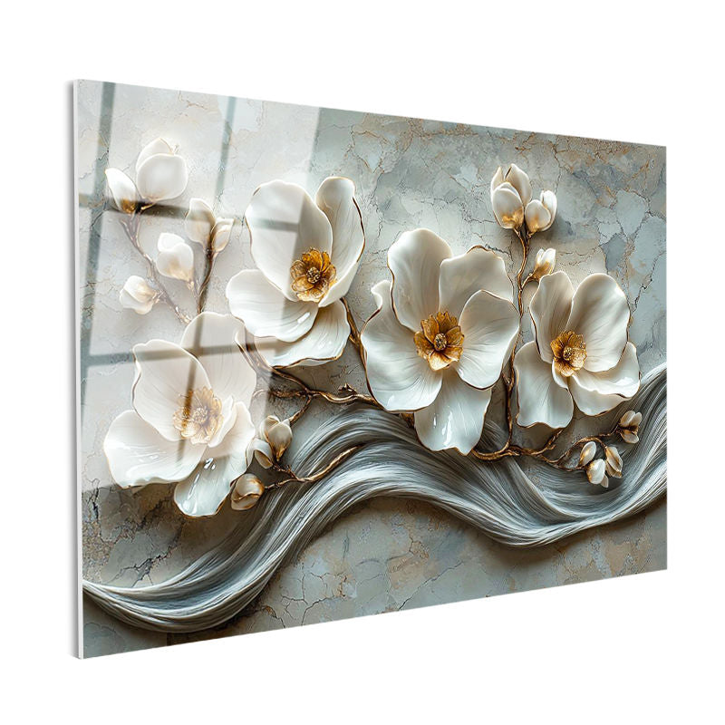 Tamperli Gerçek Cam Tablo Mermer Dokulu Beyaz Manolya Çiçek Tablosu Duvar Dekoru