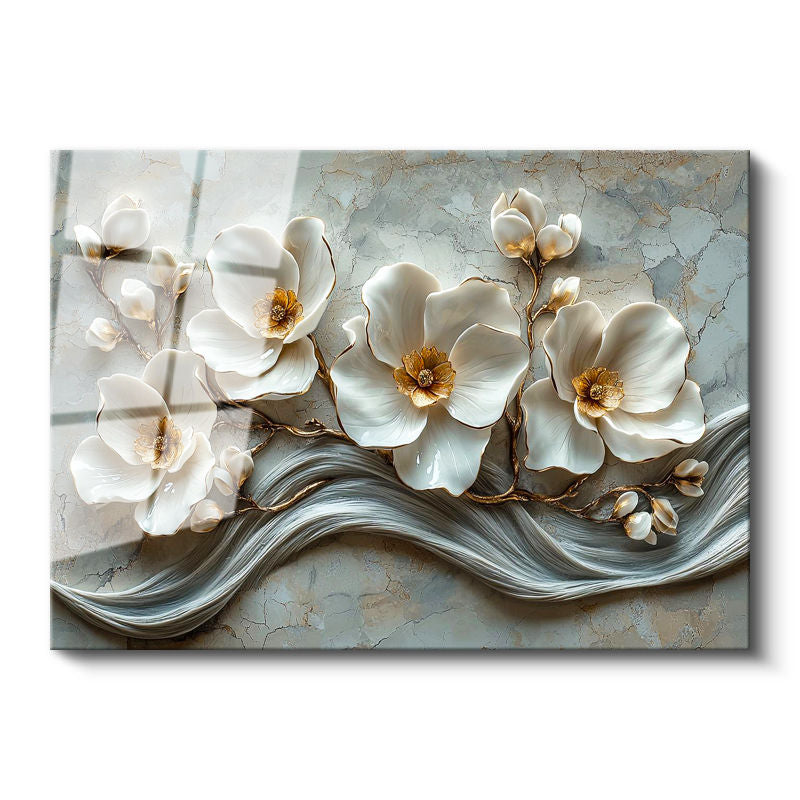 Tamperli Gerçek Cam Tablo Mermer Dokulu Beyaz Manolya Çiçek Tablosu Duvar Dekoru