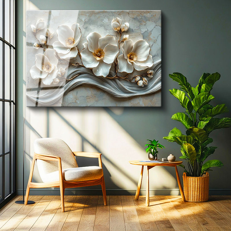Tamperli Gerçek Cam Tablo Mermer Dokulu Beyaz Manolya Çiçek Tablosu Duvar Dekoru
