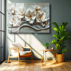 Tamperli Gerçek Cam Tablo Mermer Dokulu Beyaz Manolya Çiçek Tablosu Duvar Dekoru