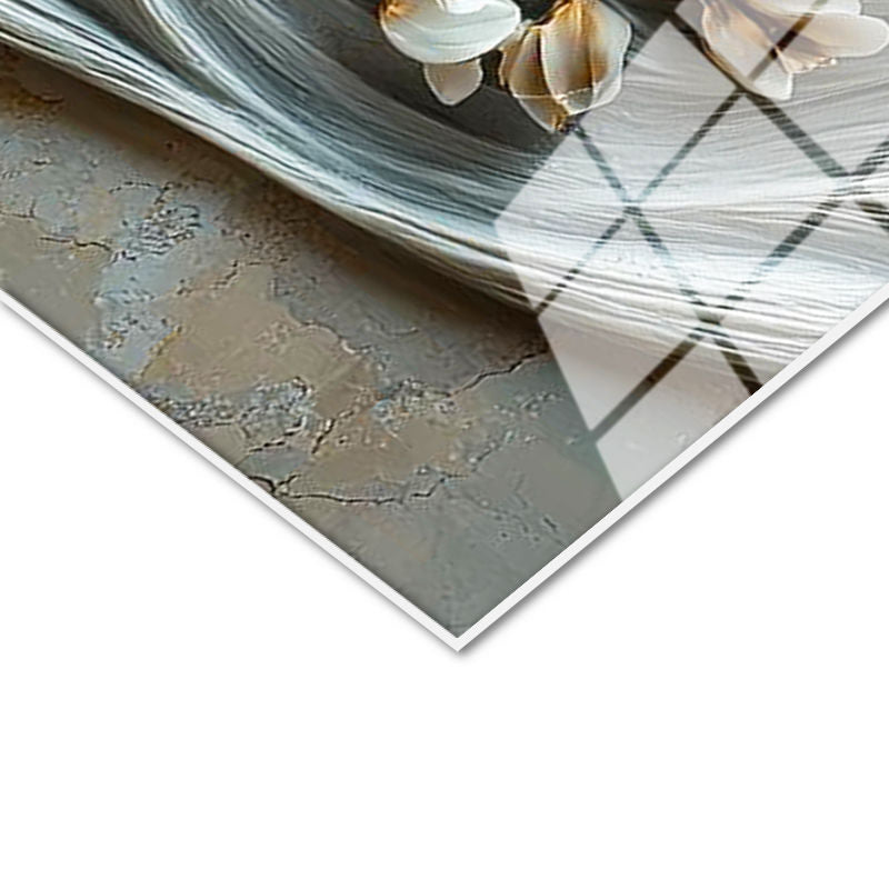 Tamperli Gerçek Cam Tablo Mermer Dokulu Beyaz Manolya Çiçek Tablosu Duvar Dekoru