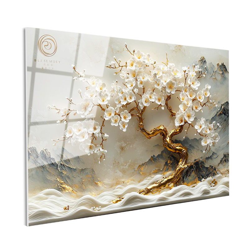 Tamperli Gerçek Cam Tablo Dağ Manzaralı Altın Gövdeli Ağaç Çiçek Tablosu Duvar Dekoru