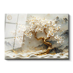 Tamperli Gerçek Cam Tablo Dağ Manzaralı Altın Gövdeli Ağaç Çiçek Tablosu Duvar Dekoru