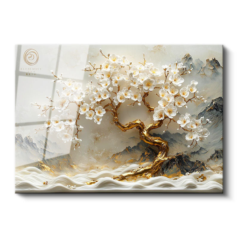 Tamperli Gerçek Cam Tablo Dağ Manzaralı Altın Gövdeli Ağaç Çiçek Tablosu Duvar Dekoru