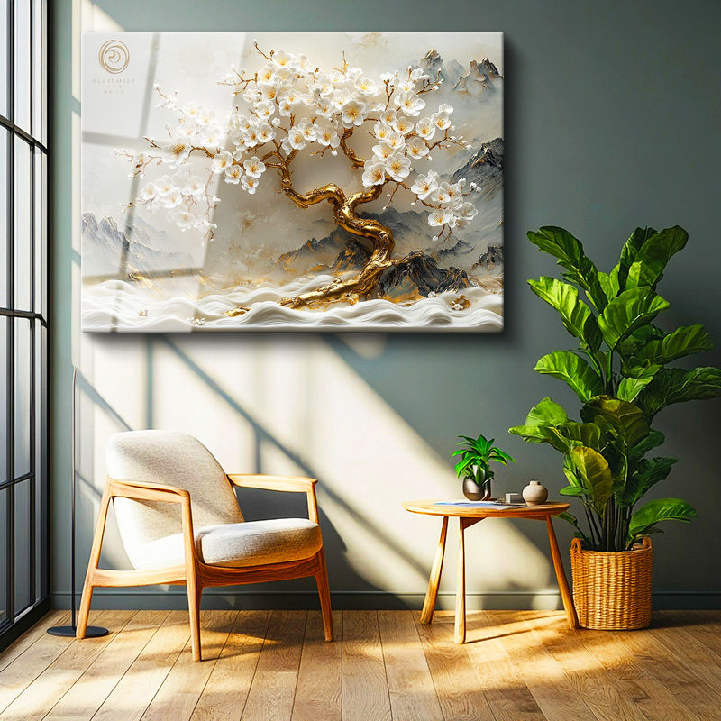 Tamperli Gerçek Cam Tablo Dağ Manzaralı Altın Gövdeli Ağaç Çiçek Tablosu Duvar Dekoru