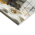 Tamperli Gerçek Cam Tablo Dağ Manzaralı Altın Gövdeli Ağaç Çiçek Tablosu Duvar Dekoru