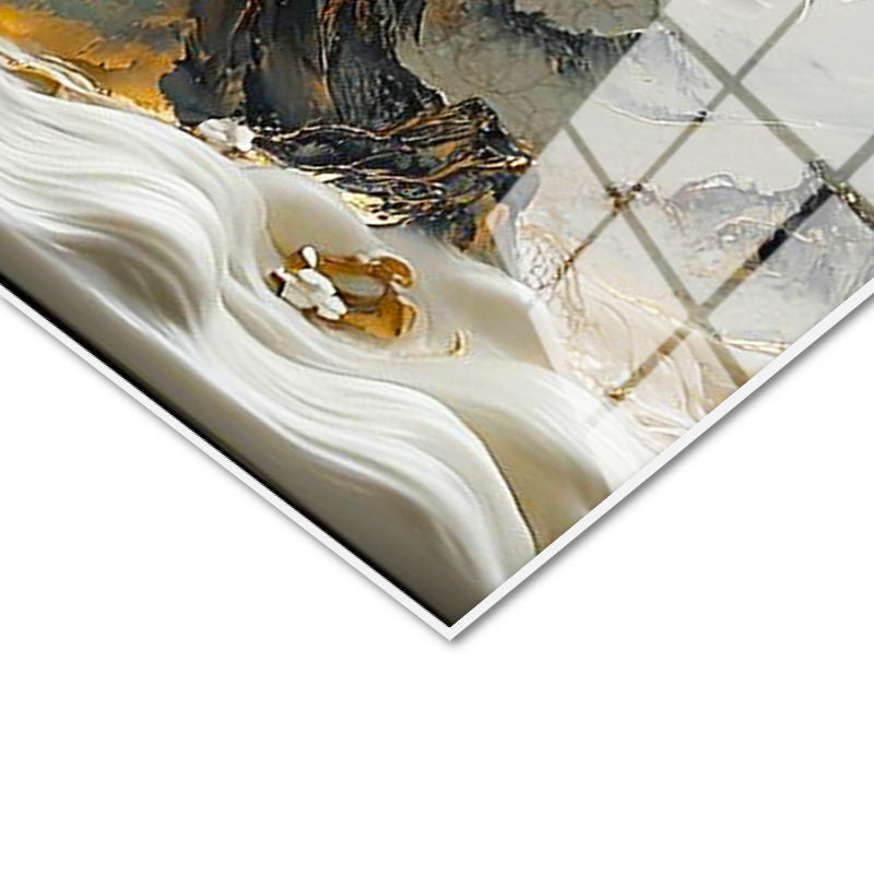 Tamperli Gerçek Cam Tablo Dağ Manzaralı Altın Gövdeli Ağaç Çiçek Tablosu Duvar Dekoru