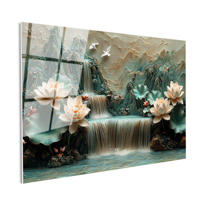 Tamperli Gerçek Cam Tablo Kabartma Görünümlü Şelale ve Lotus Çiçek Tablosu Duvar Dekoru