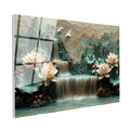 Tamperli Gerçek Cam Tablo Kabartma Görünümlü Şelale ve Lotus Çiçek Tablosu Duvar Dekoru