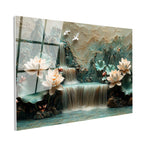 Tamperli Gerçek Cam Tablo Kabartma Görünümlü Şelale ve Lotus Çiçek Tablosu Duvar Dekoru