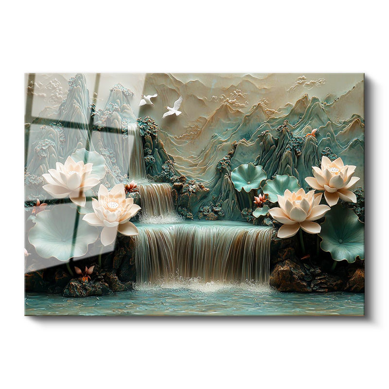 Tamperli Gerçek Cam Tablo Kabartma Görünümlü Şelale ve Lotus Çiçek Tablosu Duvar Dekoru