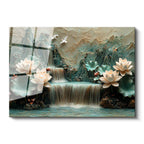 Tamperli Gerçek Cam Tablo Kabartma Görünümlü Şelale ve Lotus Çiçek Tablosu Duvar Dekoru