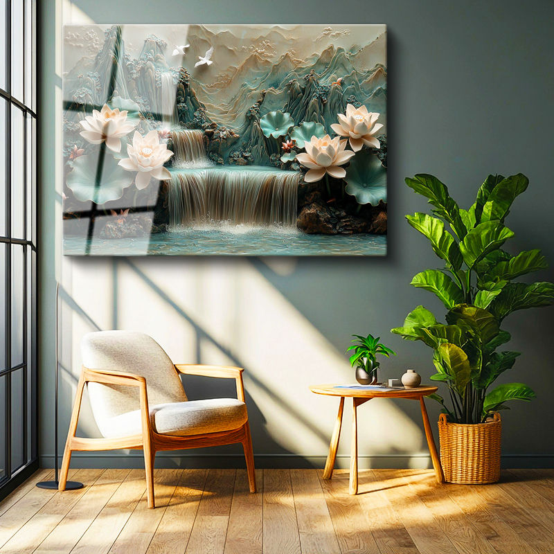 Tamperli Gerçek Cam Tablo Kabartma Görünümlü Şelale ve Lotus Çiçek Tablosu Duvar Dekoru