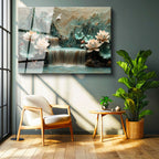 Tamperli Gerçek Cam Tablo Kabartma Görünümlü Şelale ve Lotus Çiçek Tablosu Duvar Dekoru