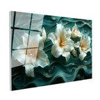 Tamperli Gerçek Cam Tablo Yeşil Kıvrımlı Zemin Zambak Çiçek Tablosu Duvar Dekoru