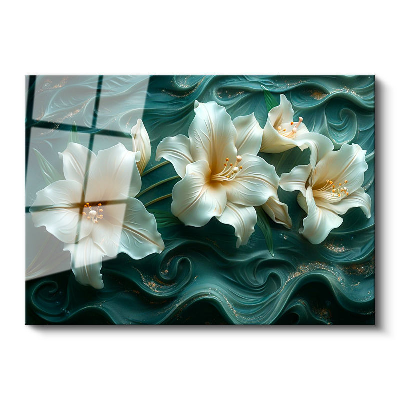 Tamperli Gerçek Cam Tablo Yeşil Kıvrımlı Zemin Zambak Çiçek Tablosu Duvar Dekoru