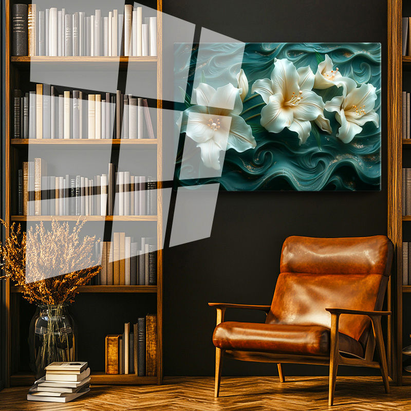 Tamperli Gerçek Cam Tablo Yeşil Kıvrımlı Zemin Zambak Çiçek Tablosu Duvar Dekoru