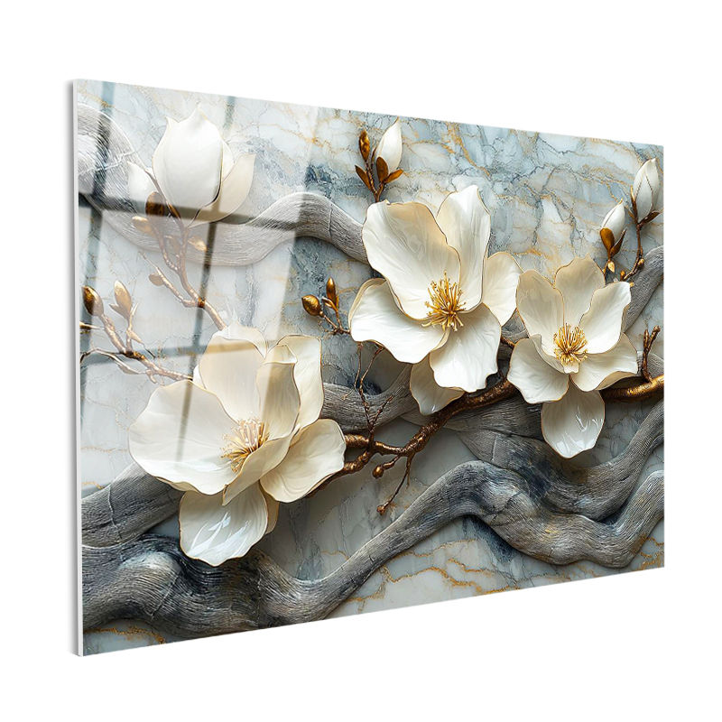Tamperli Gerçek Cam Tablo Mermer Görünümlü Manolya Dalı Çiçek Tablosu Duvar Dekoru