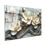 Tamperli Gerçek Cam Tablo Mermer Görünümlü Manolya Dalı Çiçek Tablosu Duvar Dekoru