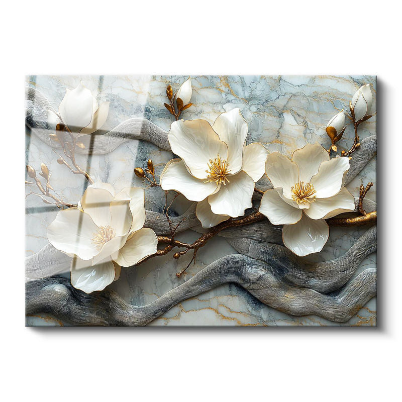 Tamperli Gerçek Cam Tablo Mermer Görünümlü Manolya Dalı Çiçek Tablosu Duvar Dekoru