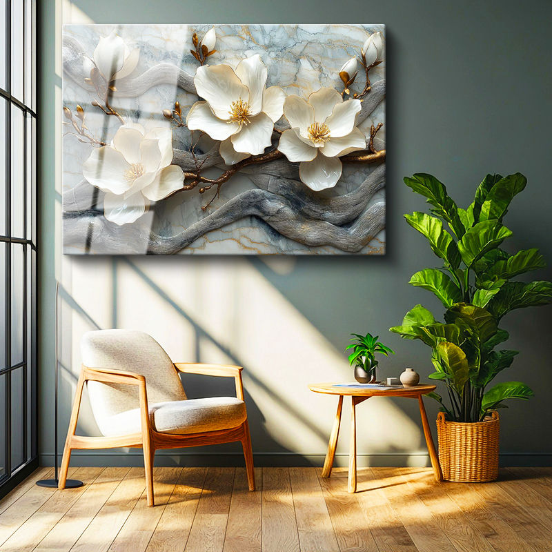 Tamperli Gerçek Cam Tablo Mermer Görünümlü Manolya Dalı Çiçek Tablosu Duvar Dekoru