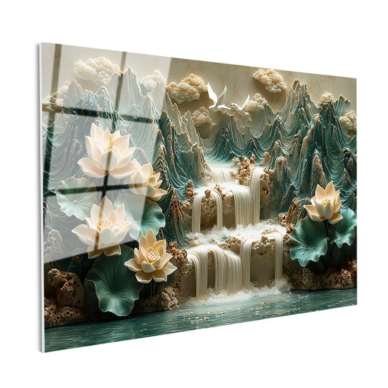 Tamperli Gerçek Cam Tablo Kabartma Görünümlü Şelaleli Nilüfer Çiçek Tablosu Duvar Dekoru