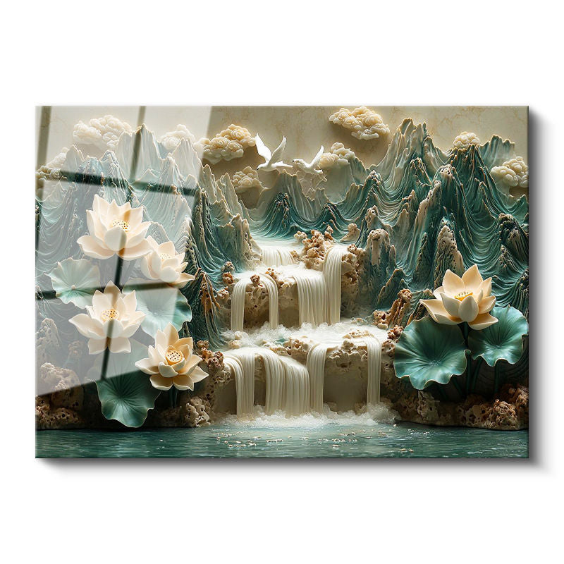 Tamperli Gerçek Cam Tablo Kabartma Görünümlü Şelaleli Nilüfer Çiçek Tablosu Duvar Dekoru