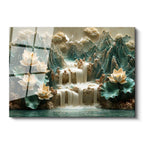 Tamperli Gerçek Cam Tablo Kabartma Görünümlü Şelaleli Nilüfer Çiçek Tablosu Duvar Dekoru