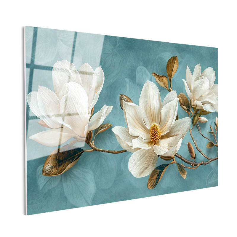 Tamperli Gerçek Cam Tablo Turkuaz Eskitme Zemin Beyaz Manolya Çiçek Tablosu Duvar Dekoru