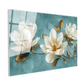 Tamperli Gerçek Cam Tablo Turkuaz Eskitme Zemin Beyaz Manolya Çiçek Tablosu Duvar Dekoru